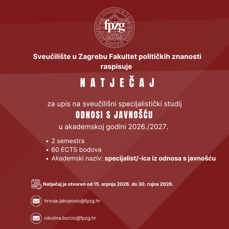 Natječaj za upis na sveučilišni specijalistički studij Odnosi s javnošću u akademskoj godini 2026./2027.