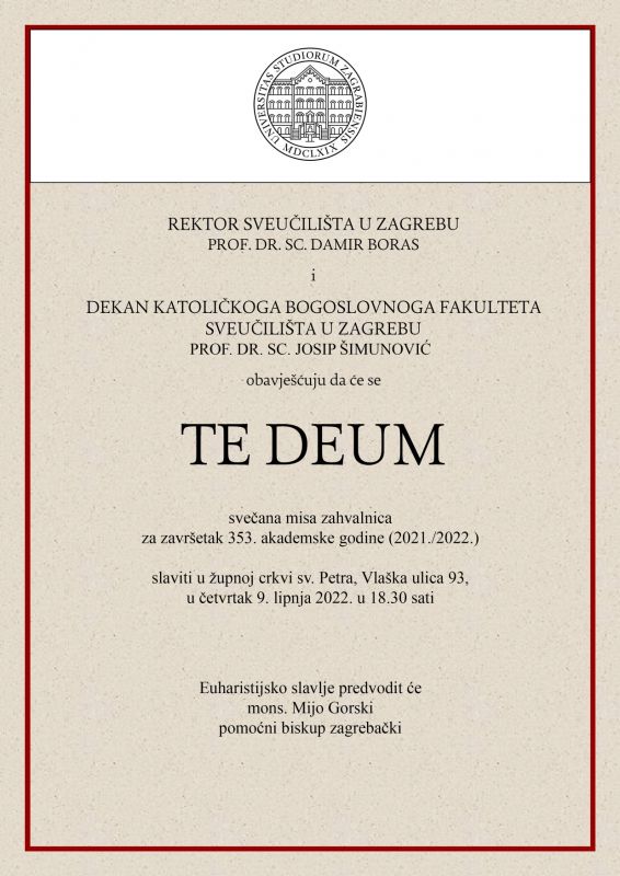 Svečana Misa zahvalnica Te Deum, 9. lipnja 2022. u 18.30 sati