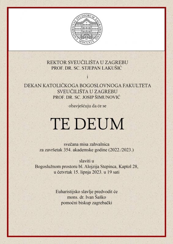 Svečana misa zahvalnica Te Deum, 15. lipnja 2023. u 19.00 sati