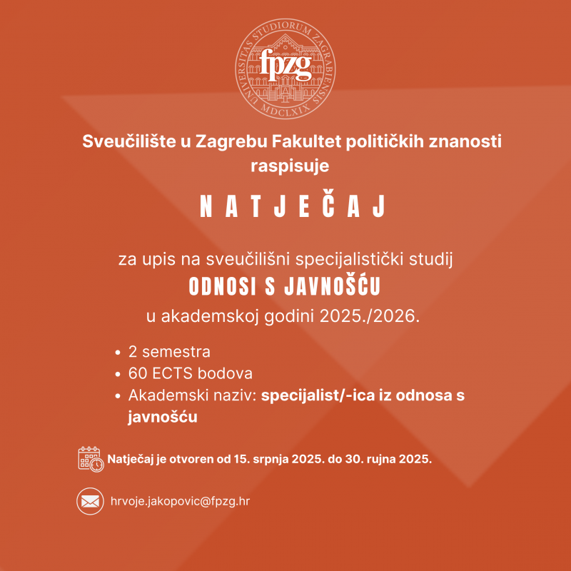Natječaj za upis na sveučilišni specijalistički studij Odnosi s javnošću u ak. god. 2025./2026.
